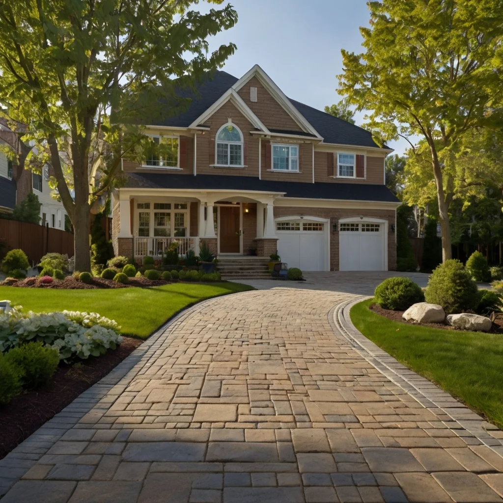 Custom paver driveway lined with stone garden edging, leading to a modern suburban home surrounded by green lawns and trees in Anderson Township, OH.