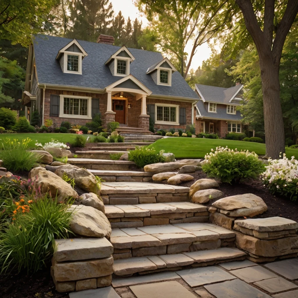 Natural stone steps with garden edging leading to a craftsman-style home in Loveland, OH