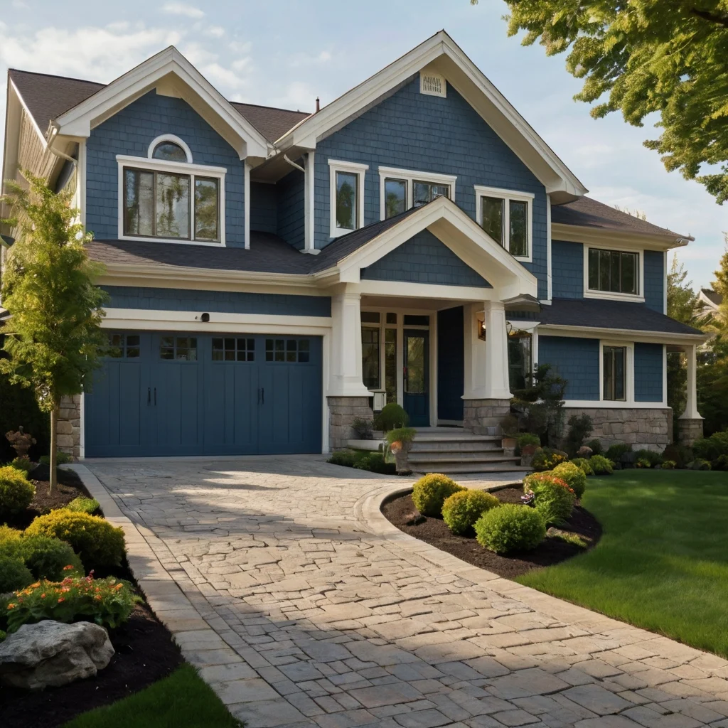 Elegant suburban home with custom driveway, stone garden edging, and manicured front yard landscaping in Blue Ash, Ohio