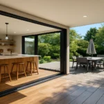 Modern outdoor kitchen with built-in grill, bar seating, and natural stone pavers designed by Serene Aqua for functional and elegant backyard living in Cincinnati.