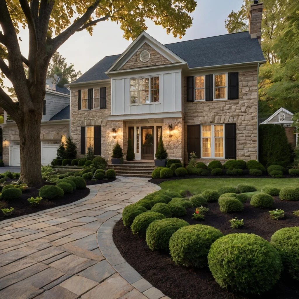 Elegant stone home in Wyoming, OH with a curved paver walkway, trimmed garden beds, and natural stone steps under a large shade tree